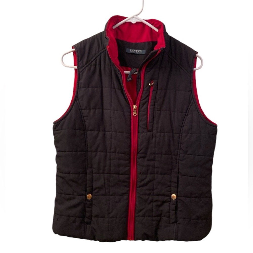 Lauren Ralph Lauren Quilted Vest Black Red Collar & Zipper Pockets WM SZ L